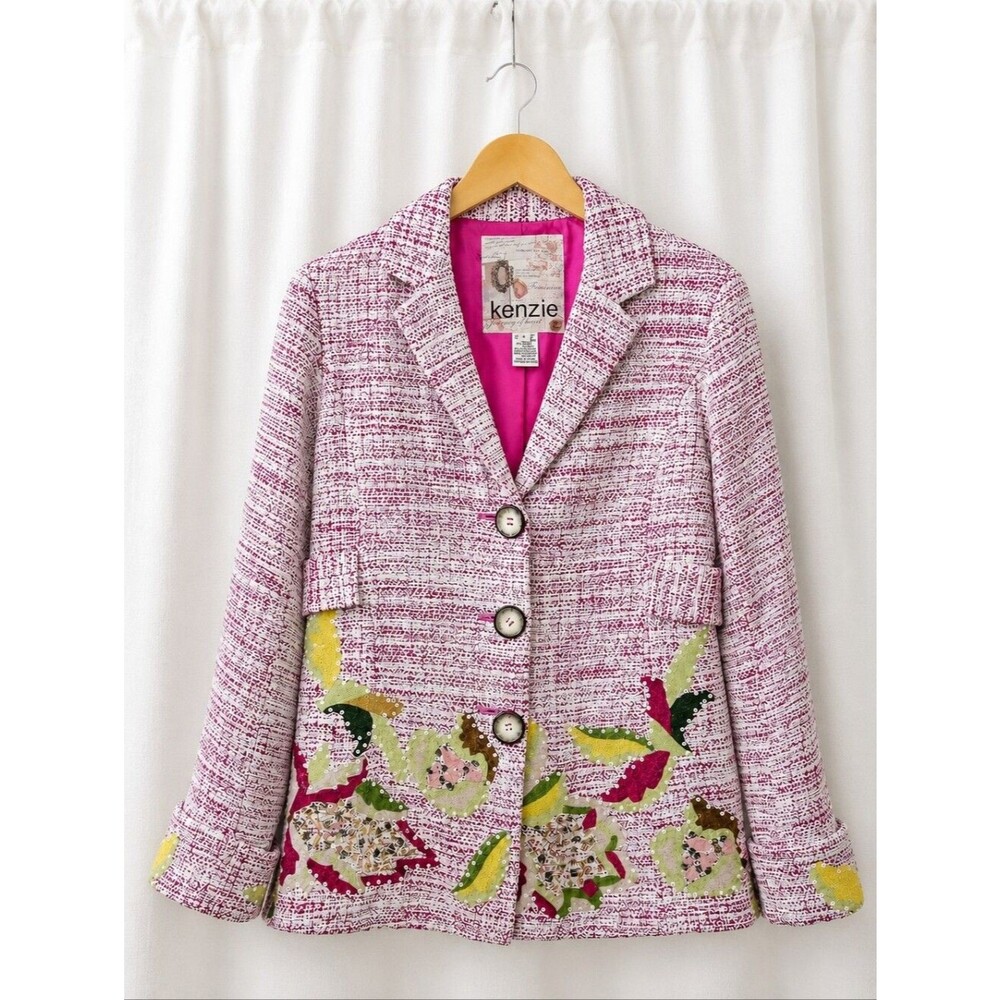 Kenzie Pink Tweed Colorful Floral Applique Sequin Beaded Statement Blazer Jacket